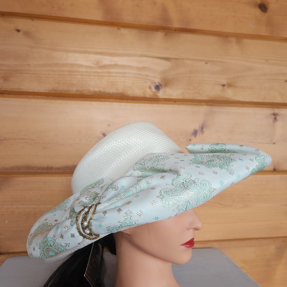 Donna Vinci‎ Couture Church Hat Ivory Derby Vintage Metallic Tapestry Damask NWT